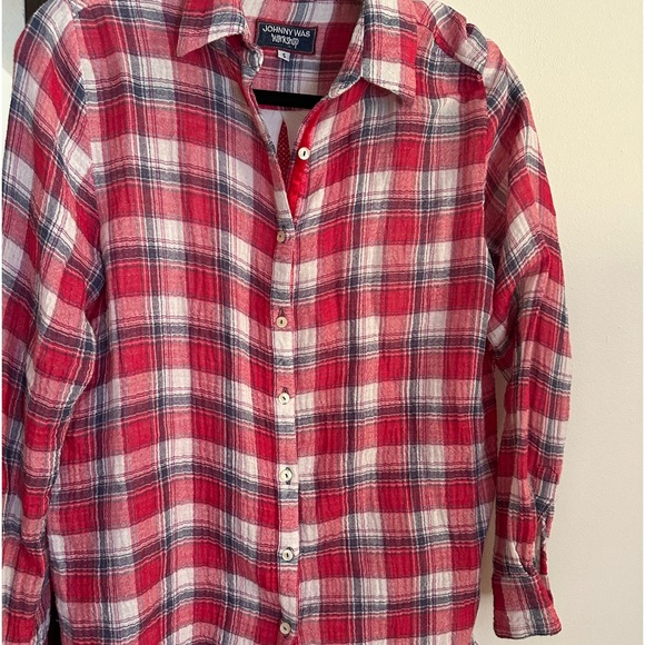 Johnny Was Misha Embroidered Flannel Plaid Shirt red blue S - Picture 5 of 8